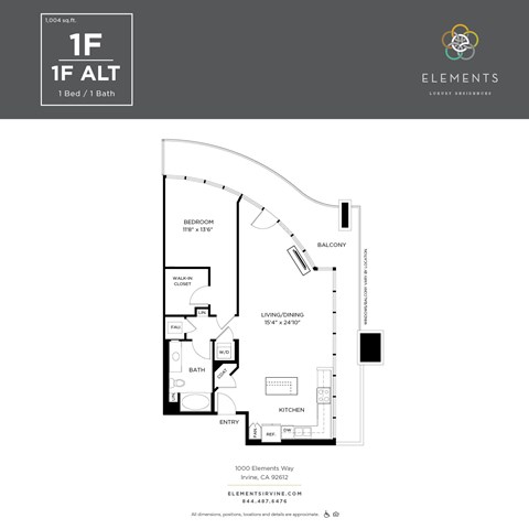 A floor plan for a 1 Bed/1 Bath apartment from Elements.